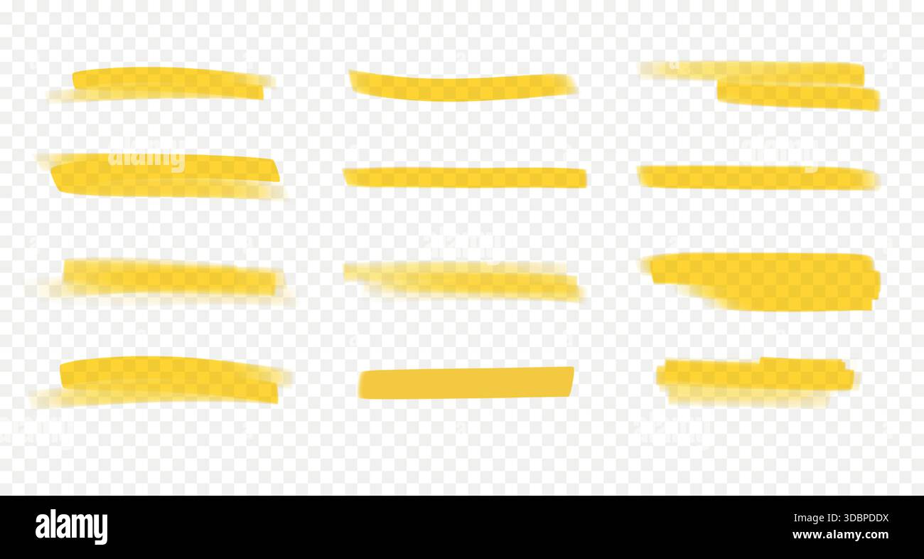 Yellow highlight and underline marks. Hand-drawn marker strokes isolated on semi-transparent backdrop Stock Vector