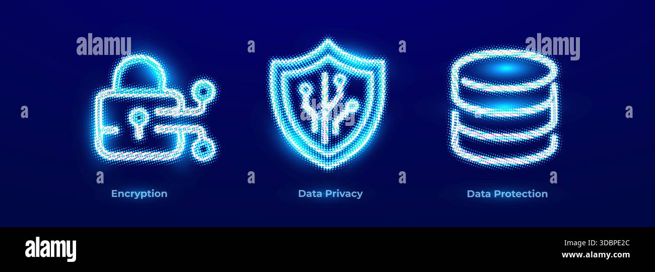 Data Encryption, Secure Encryption, Data Privacy Protection, Personal Data Protection, Database Security, Secure Data Storage Neon Icons Set for Stock Vector