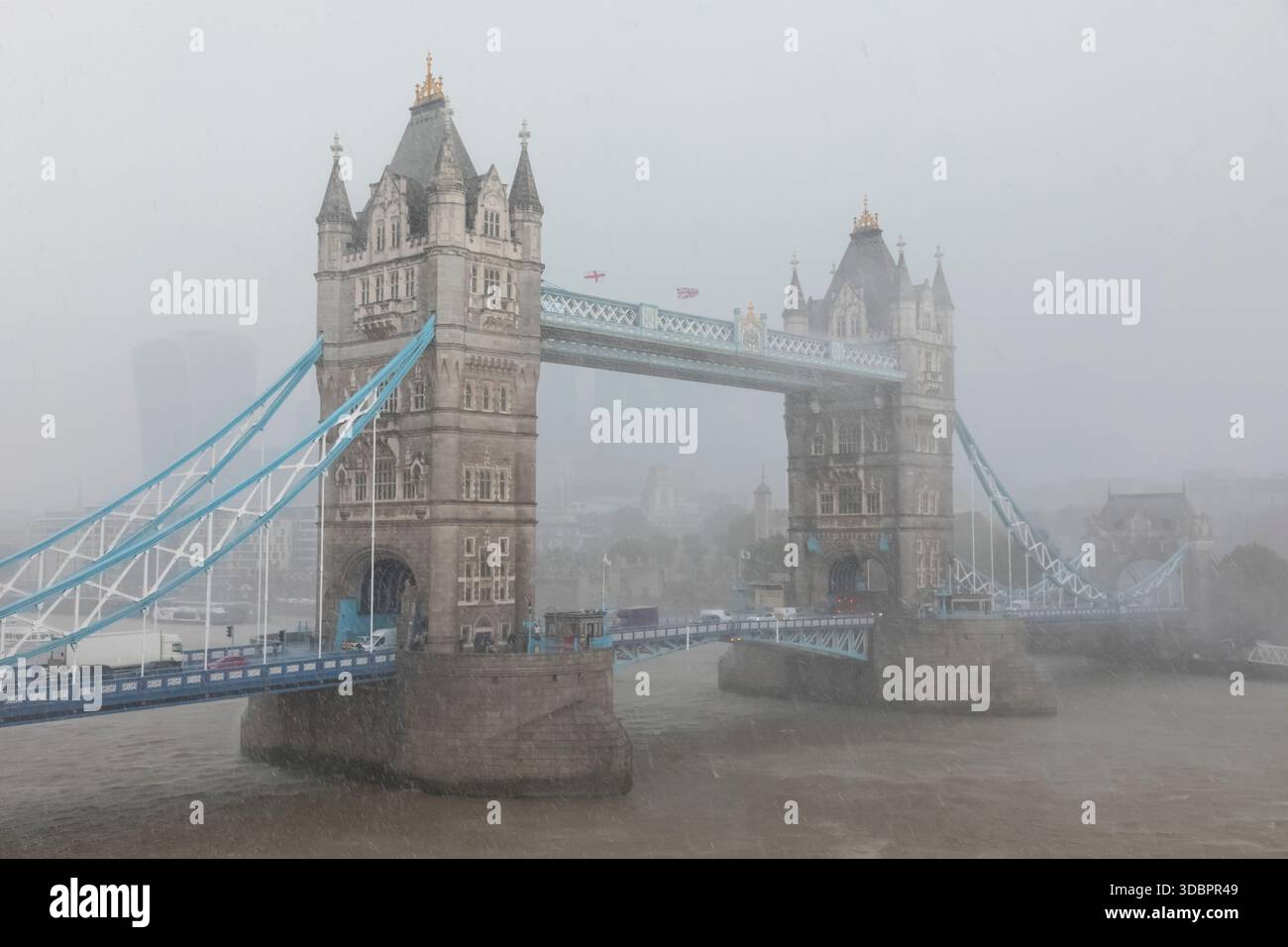 England, London, Tower Bridge and River Thames in the Rain Stock Photo