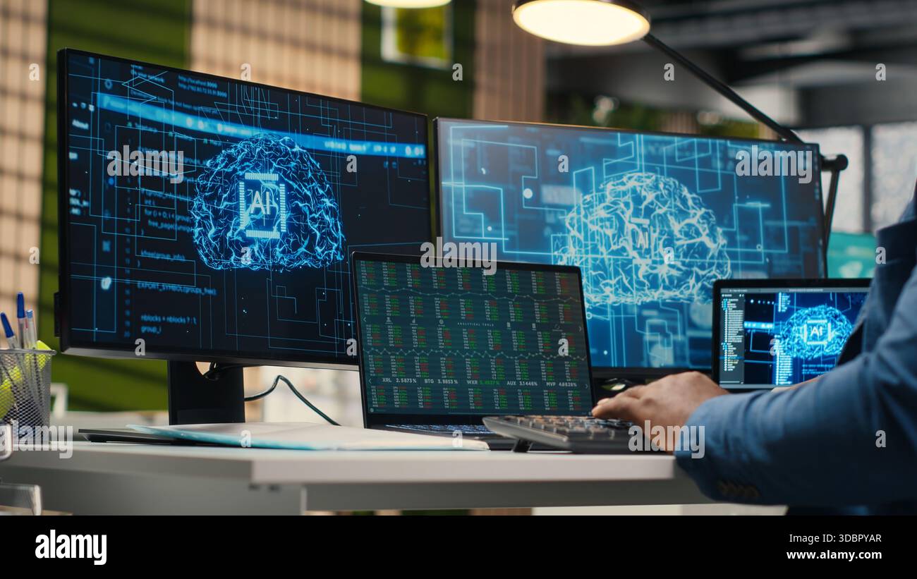 Black businessman using AI digital tools and machine learning models, performing data analysis for innovation creating adaptive optimized business solutions. Cloud computing. Camera B. Stock Photo
