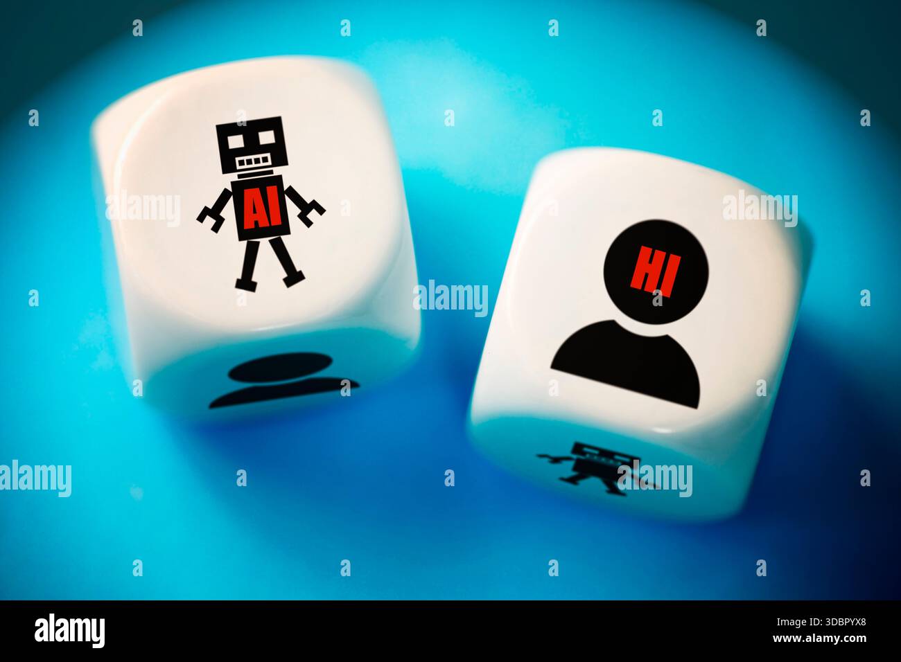 Two cubes with symbols of humans and AI and the inscriptions AI artificial intelligence and HI human intelligence, photomontage Stock Photo