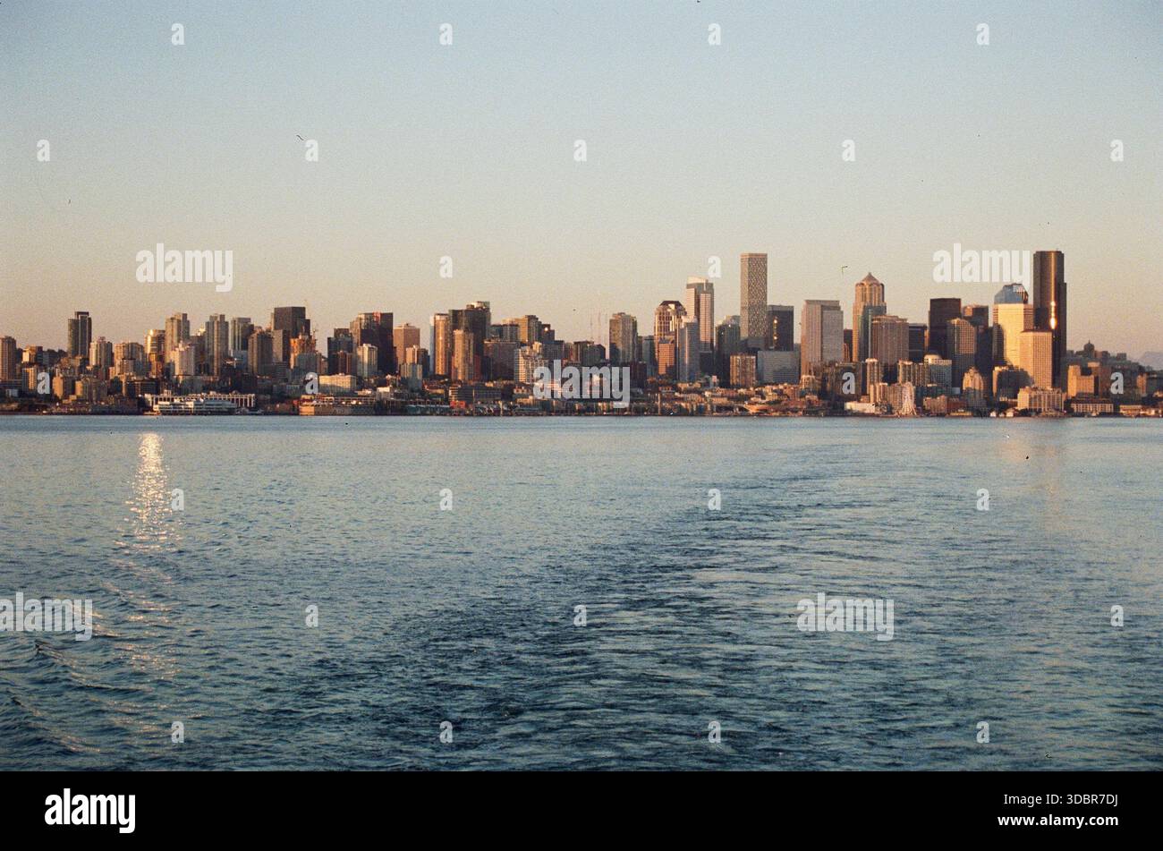 Seattle skyline viewed from a ferry on Puget Sound, Washington State Stock Photo