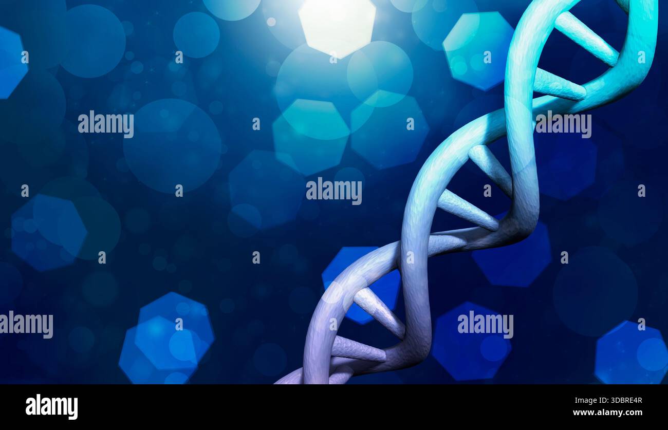 DNA double helix structure and bokeh lights on dark blue background ...