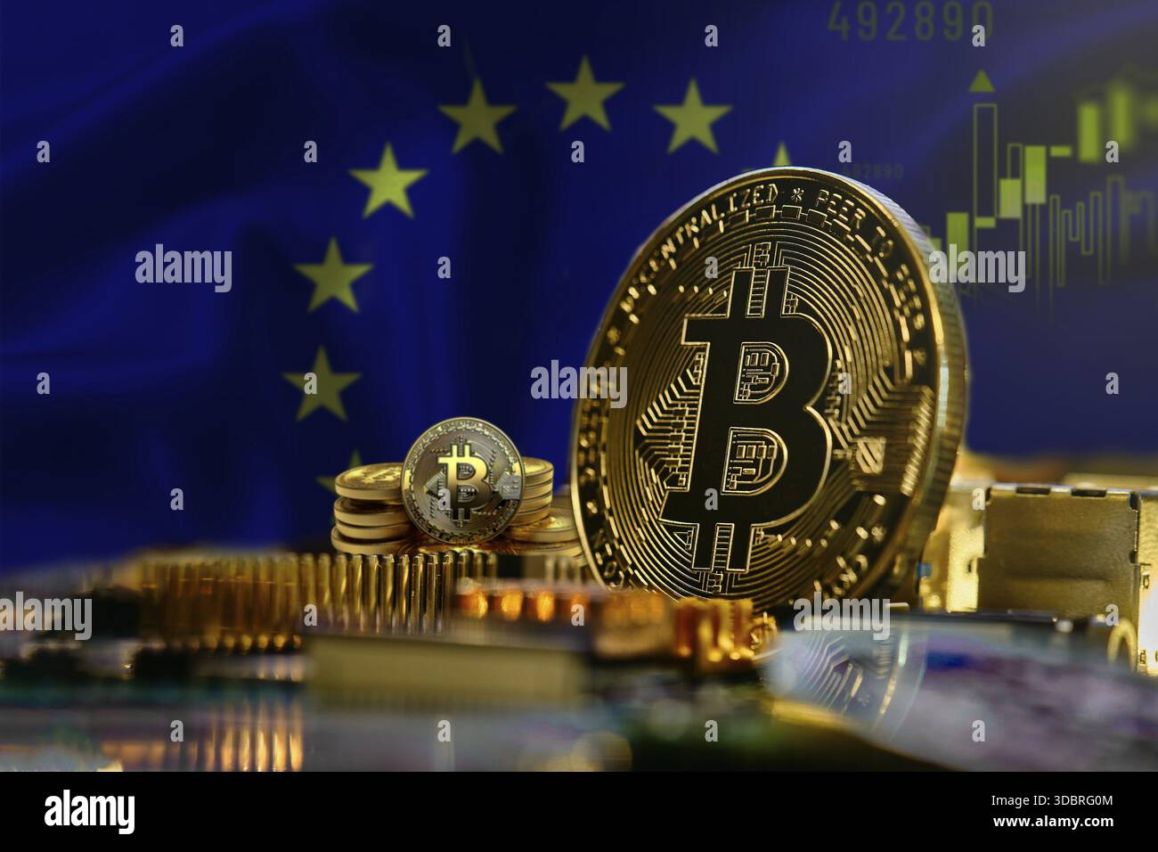 Bitcoin with the European Union flag in the background, EU flag in the  context of cryptocurrency and blockchain investments Stock Photo - Alamy