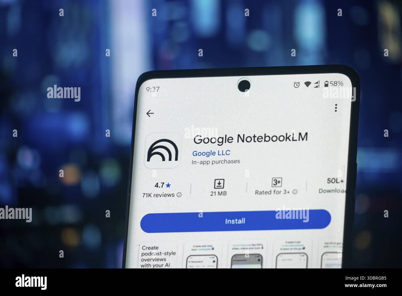 Google NotebookLM app page with install option on a smartphone Stock Photo