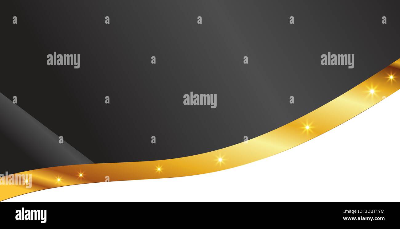Elegant black background with curved golden border and stars glowing light accents luxury modern abstract vector design Stock Vector