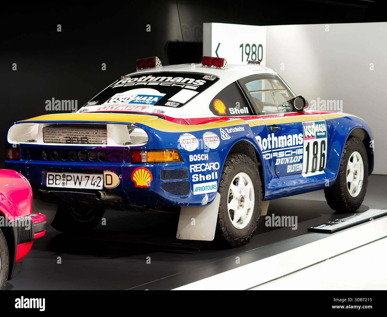 Rear view of the Porsche 959 Dakar rally car in Rothmans colours, an ...