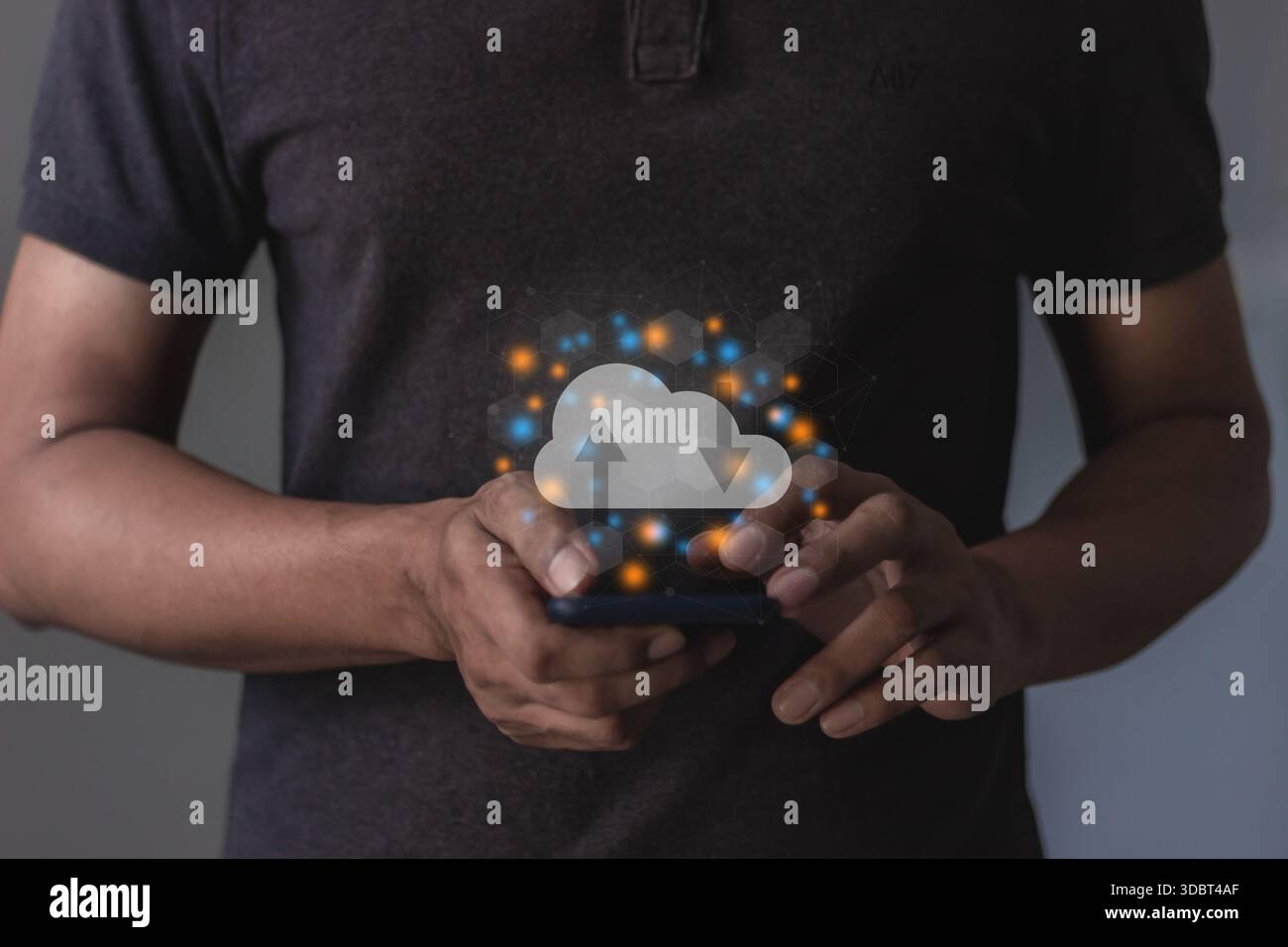 Young man with smartphone mobile hand touching to cloud computing diagram, Data storage, Cloud technology, Cloud Computing Storage Stock Photo