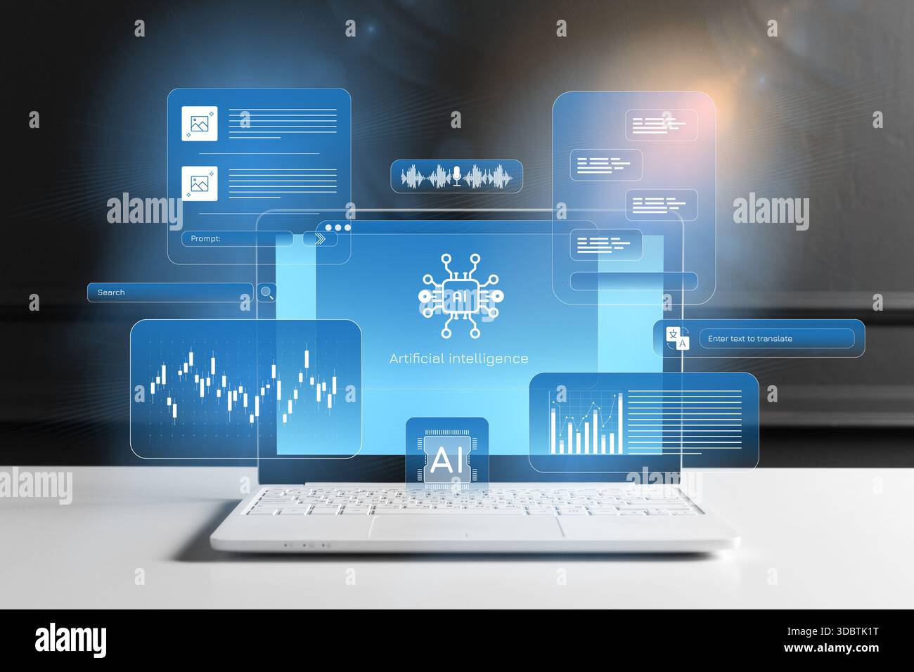 Exploring artificial intelligence on a laptop with data graphs and sound waves displayed Stock Photo