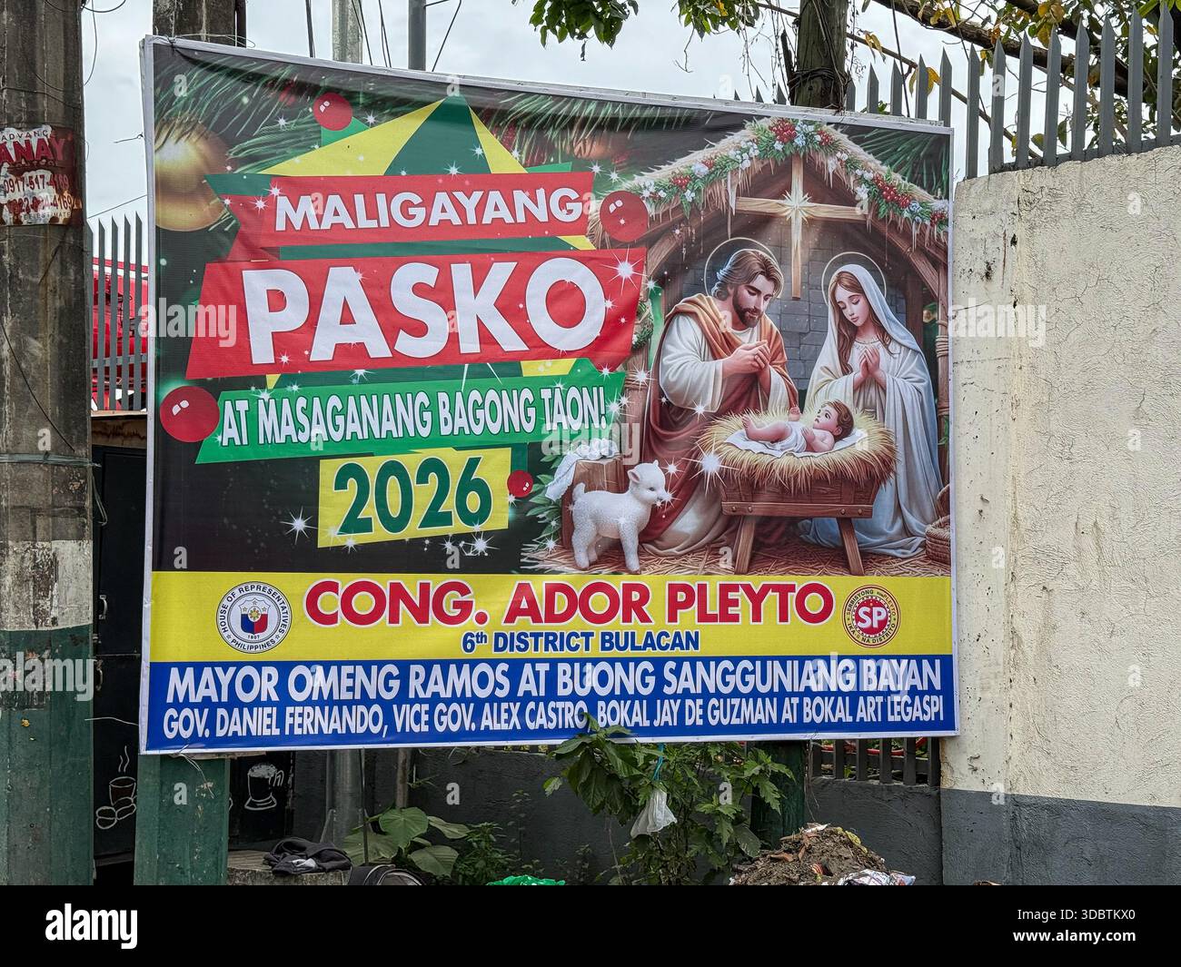 Tarpaulin "MALIGAYANG PASKO AT MASAGANANG BAGONG TAON" (Merry Christmas and Happy New Year) - Smartphone Captured Stock Image