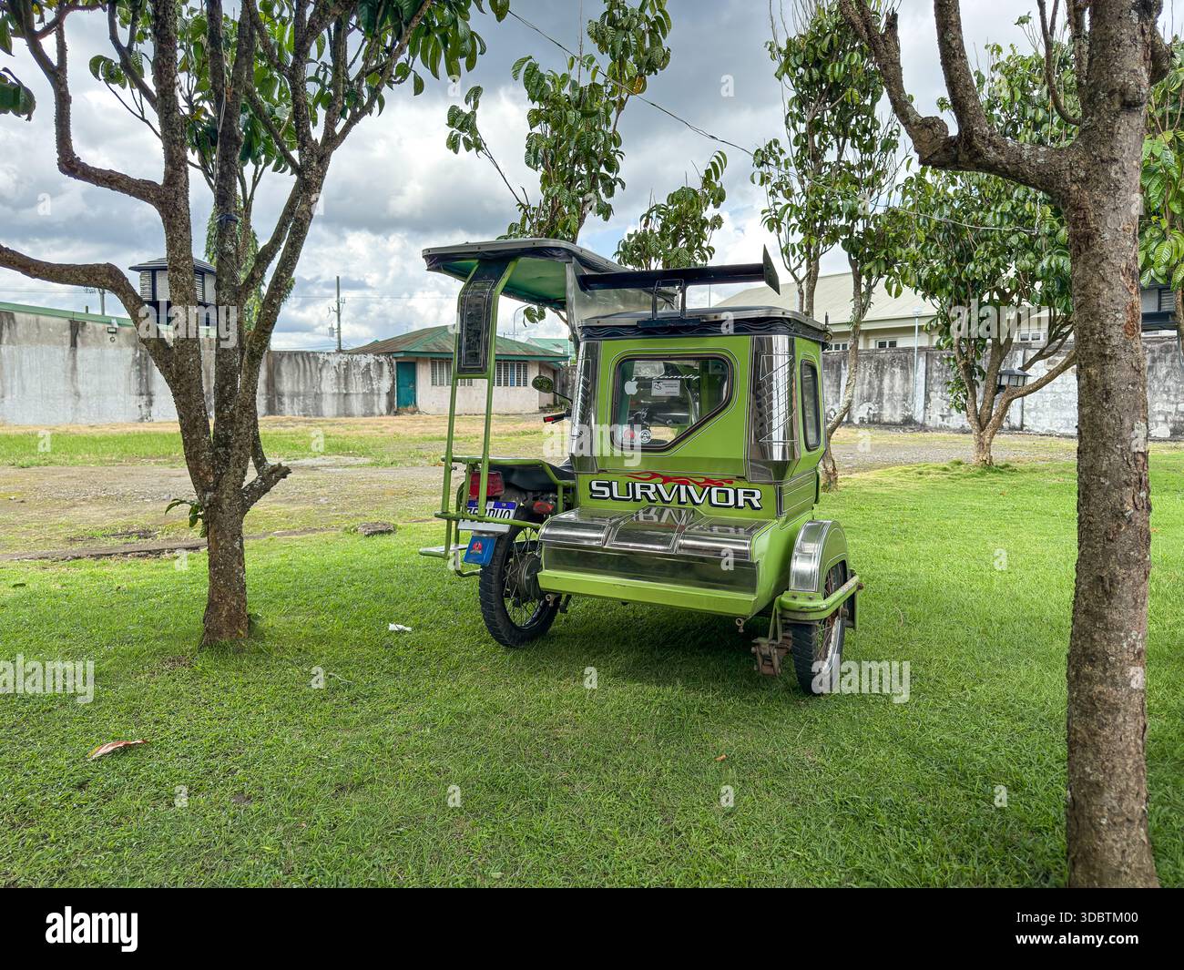 A green Philippine tricycle parked on green grass near green trees - Smartphone Captured Stock Image