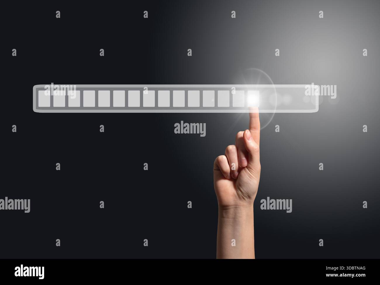 Loading bar interface. Female hand touching digital screen in ...