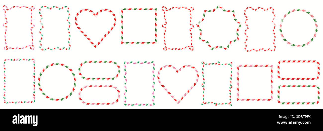 Candy cane vector frames with different shapes, square, circle, heart and wavy coquette borders for Christmas and Valentine's Day designs Stock Vector