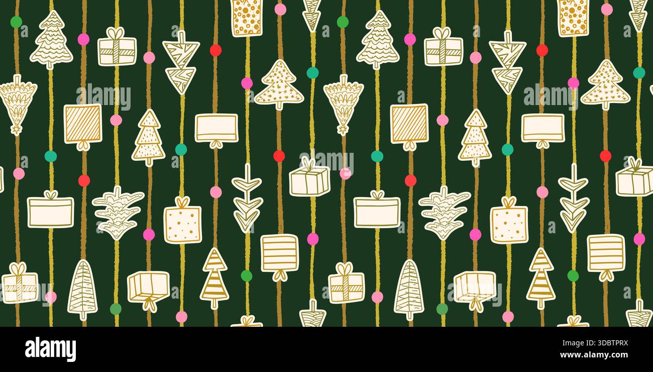 Christmas presents and trees elegant vector seamless pattern with stripes and dots on dark background for holiday designs and banners Stock Vector