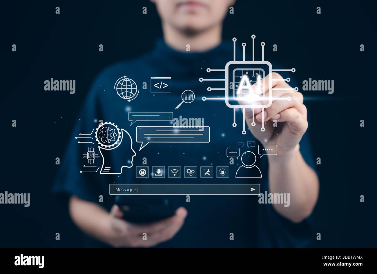 Artificial intelligence and chat AI technology concept. A hand ...