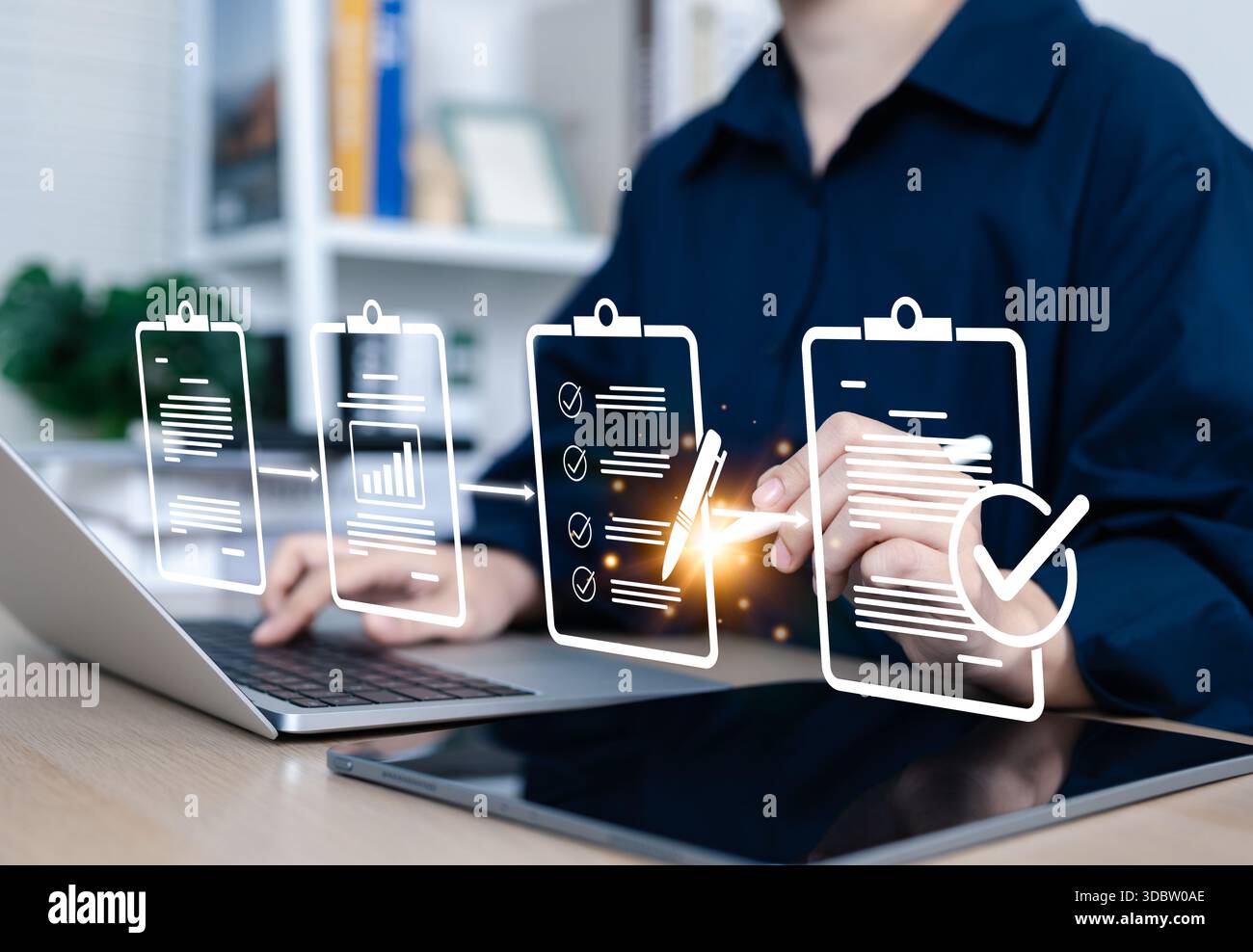 Document review and quality control process. Woman using laptop ...