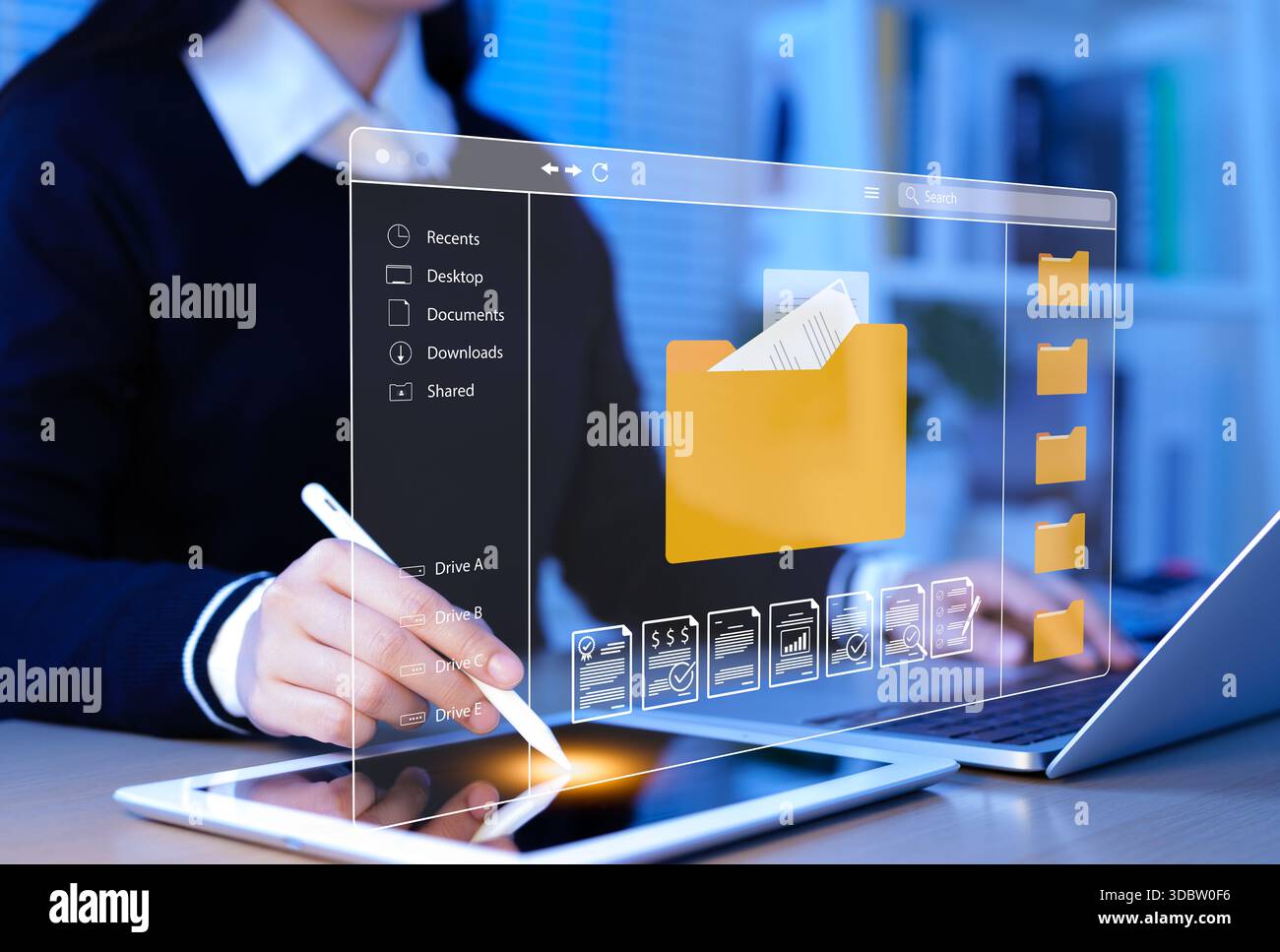 DMS, Document Management System Concept. Businesswoman interacts with digital document management interface on tablet, file organization, cloud storag Stock Photo