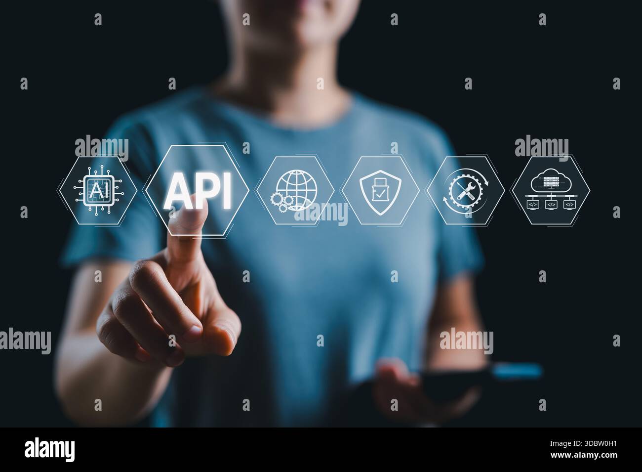 API, Application Programming Interface Concept. A person interacts with API icon, representing application programming interface integration, data acc Stock Photo