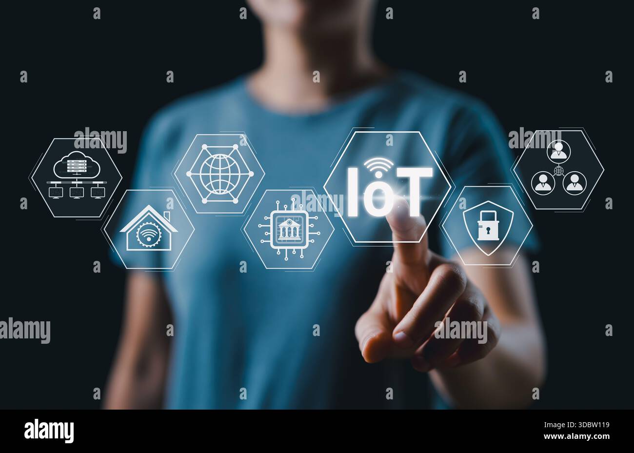 Internet of Things (IoT) technology concept. Woman touches glowing IoT ...