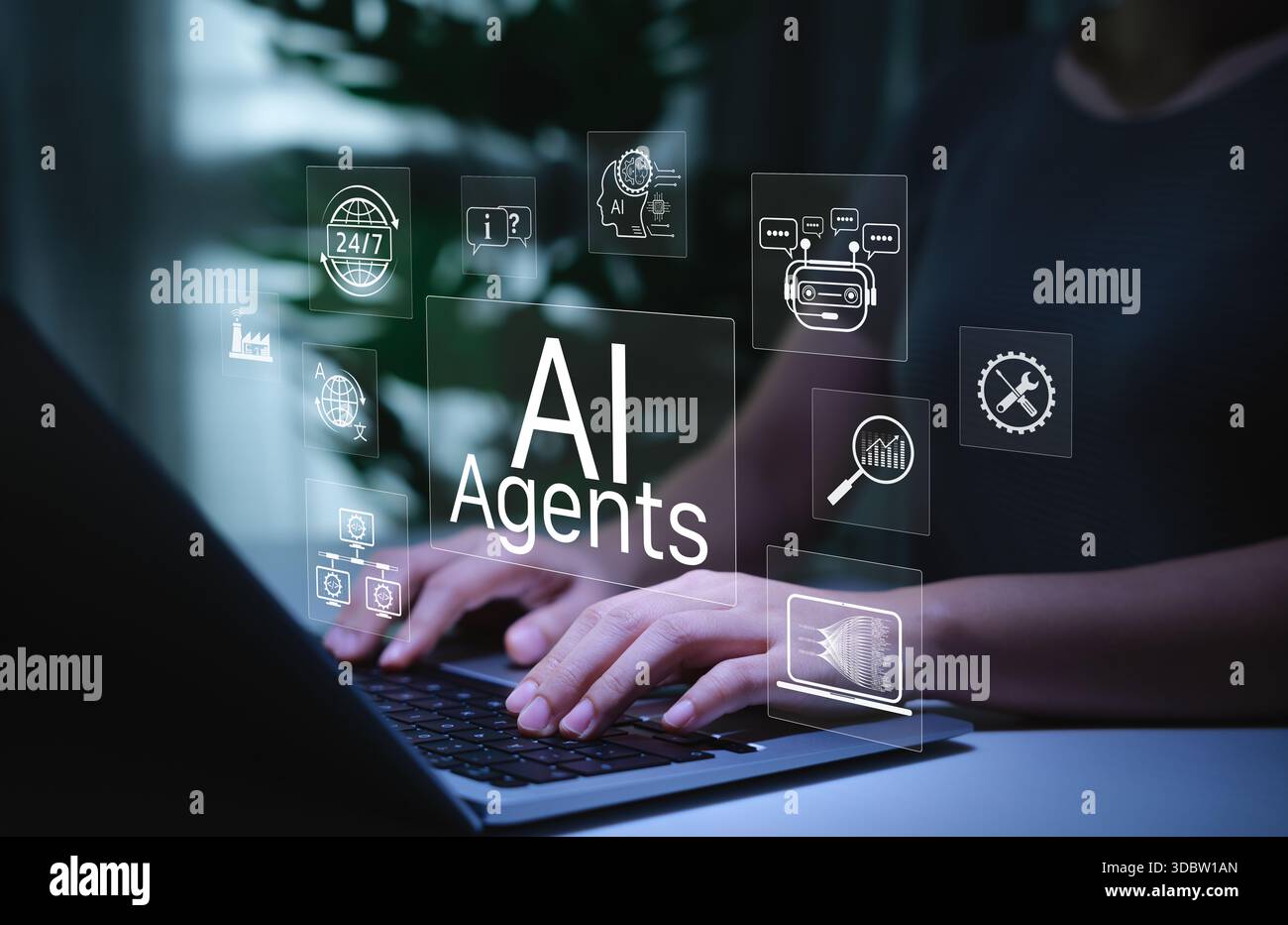 AI Agent Technology for Automation and Virtual Assistance. Person using ...