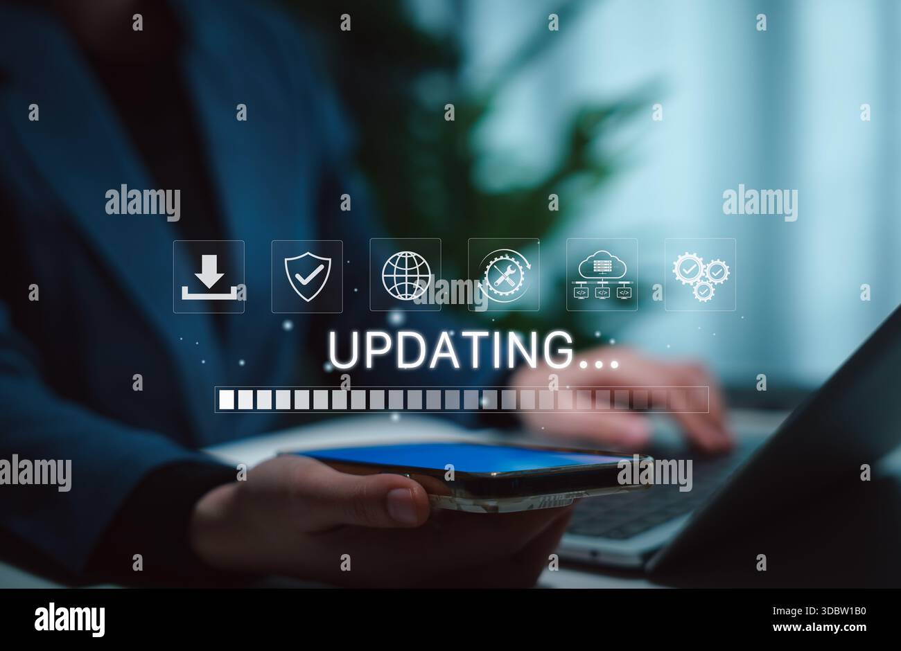 Software update or operating system, update software application upgrade technology concept. updating progress bar, installing app patch, new version Stock Photo