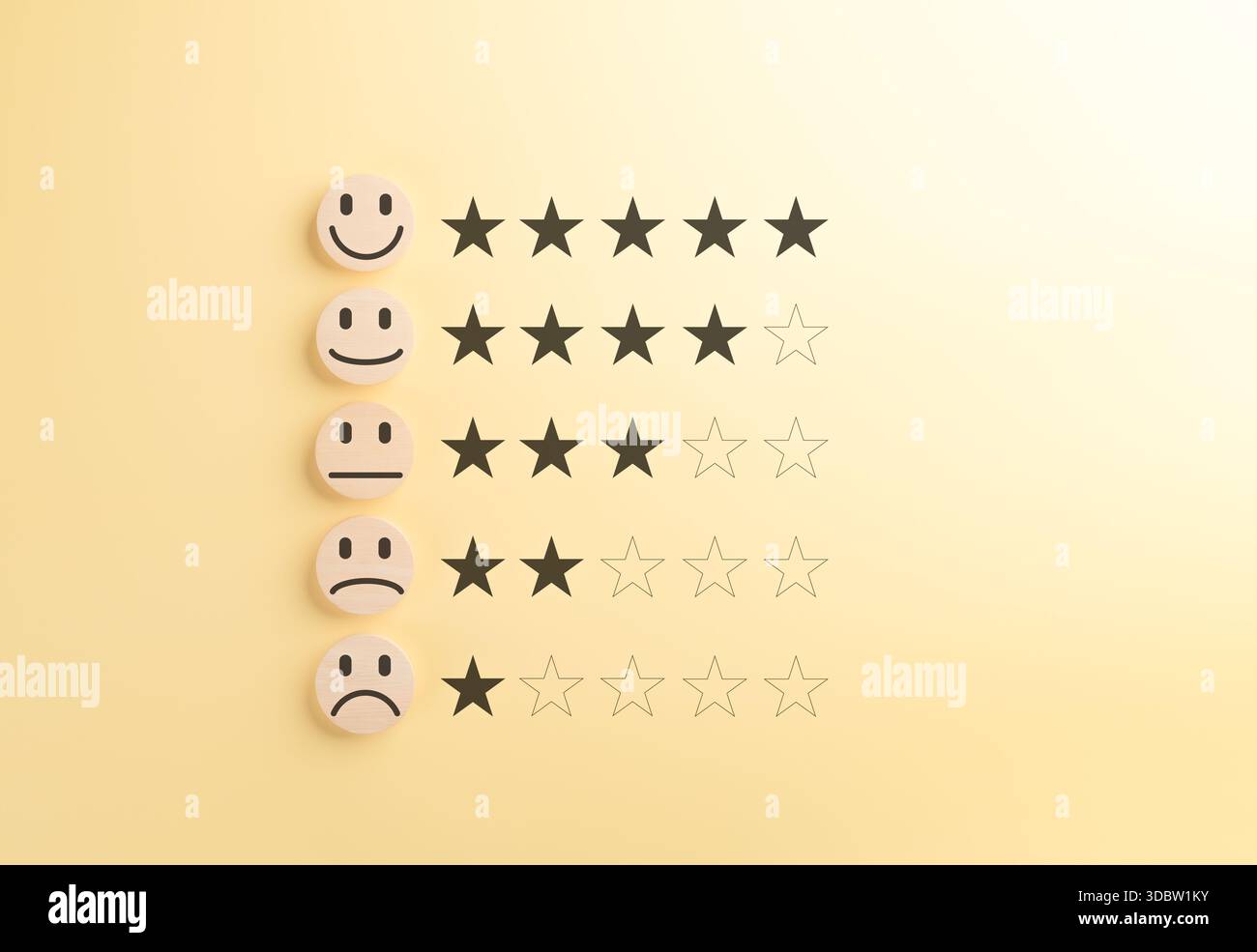 Customer Satisfaction Rating with Emoji Faces and Star Scale. Wooden ...