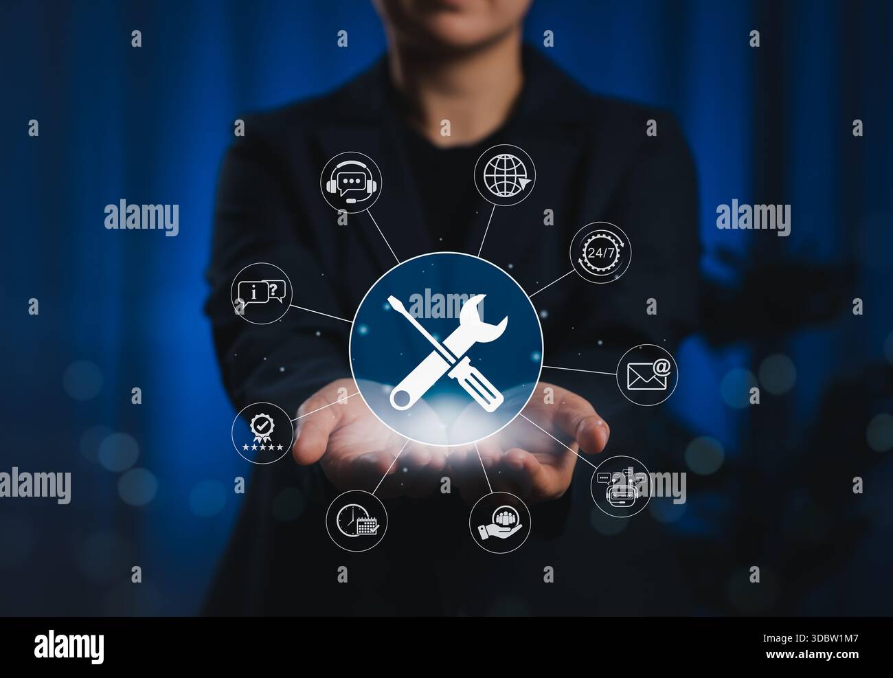 Technical Support and Customer Service Tools Concept. Icons representing tools and customer support services, technical assistance, chatbot, FAQ, Stock Photo