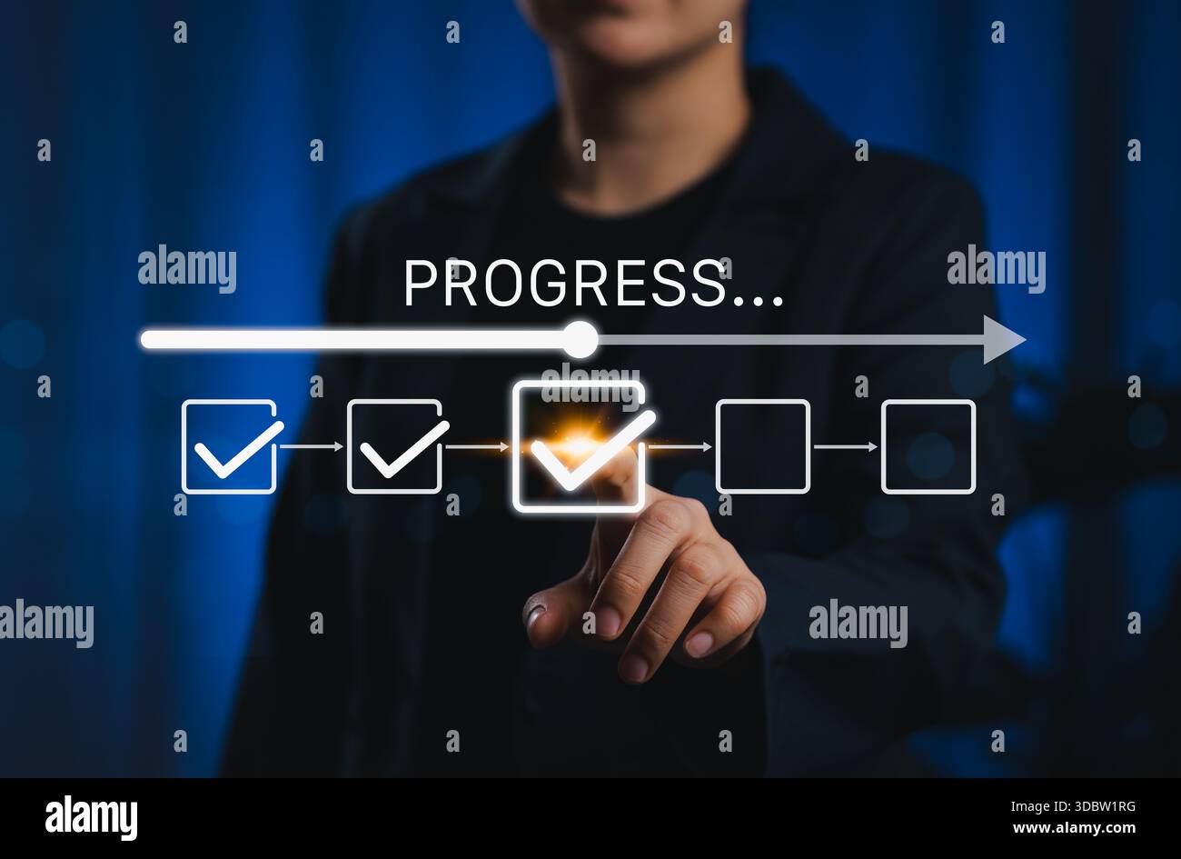 Checklist and task progress tracking concept. A person pointing at progress bar with checkmarks, task completion, productivity, workflow, goal setting Stock Photo