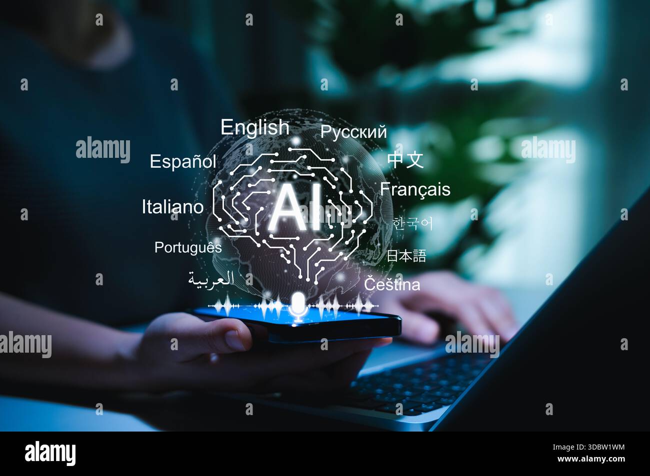 AI powered language translation technology. User using smartphone with AI multiple languages, artificial intelligence driven multilingual translation, Stock Photo