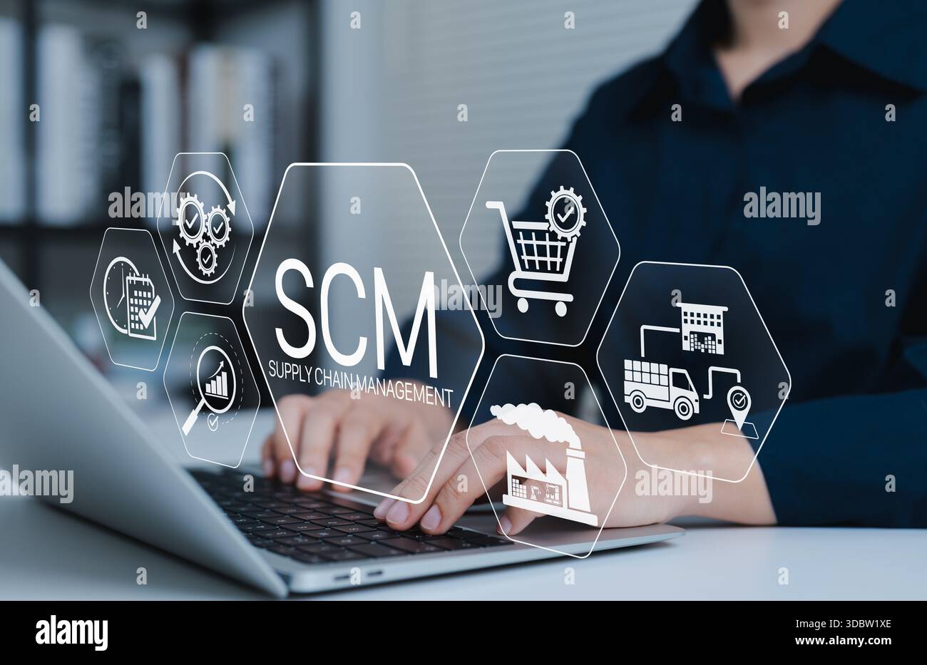 SCM, Supply Chain Management and Logistics System Concept. Person using ...