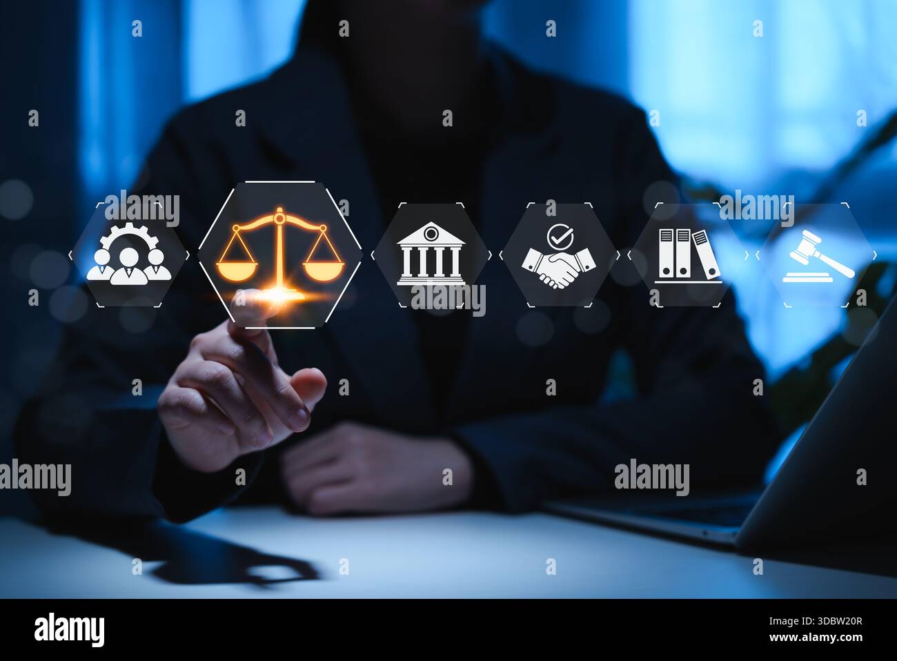 Law and Justice Concept. A suited legal professional touches virtual icons symbolizing law, justice, legal services. lawyer, business legislation, Stock Photo