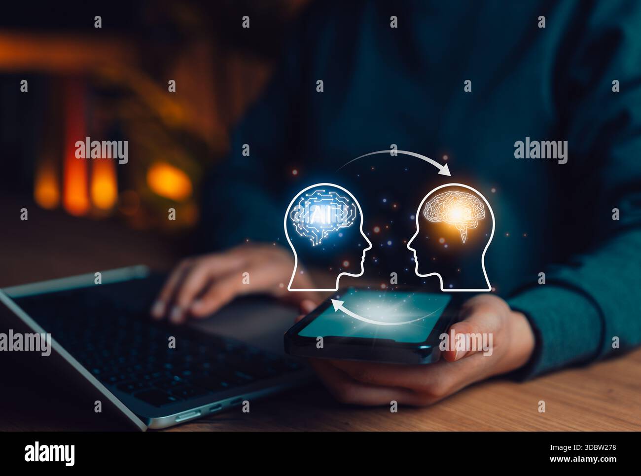 Human and Artificial Intelligence Knowledge Transfer Concept. A person uses phone with two human head profiles, one with an AI brain and human brain, Stock Photo