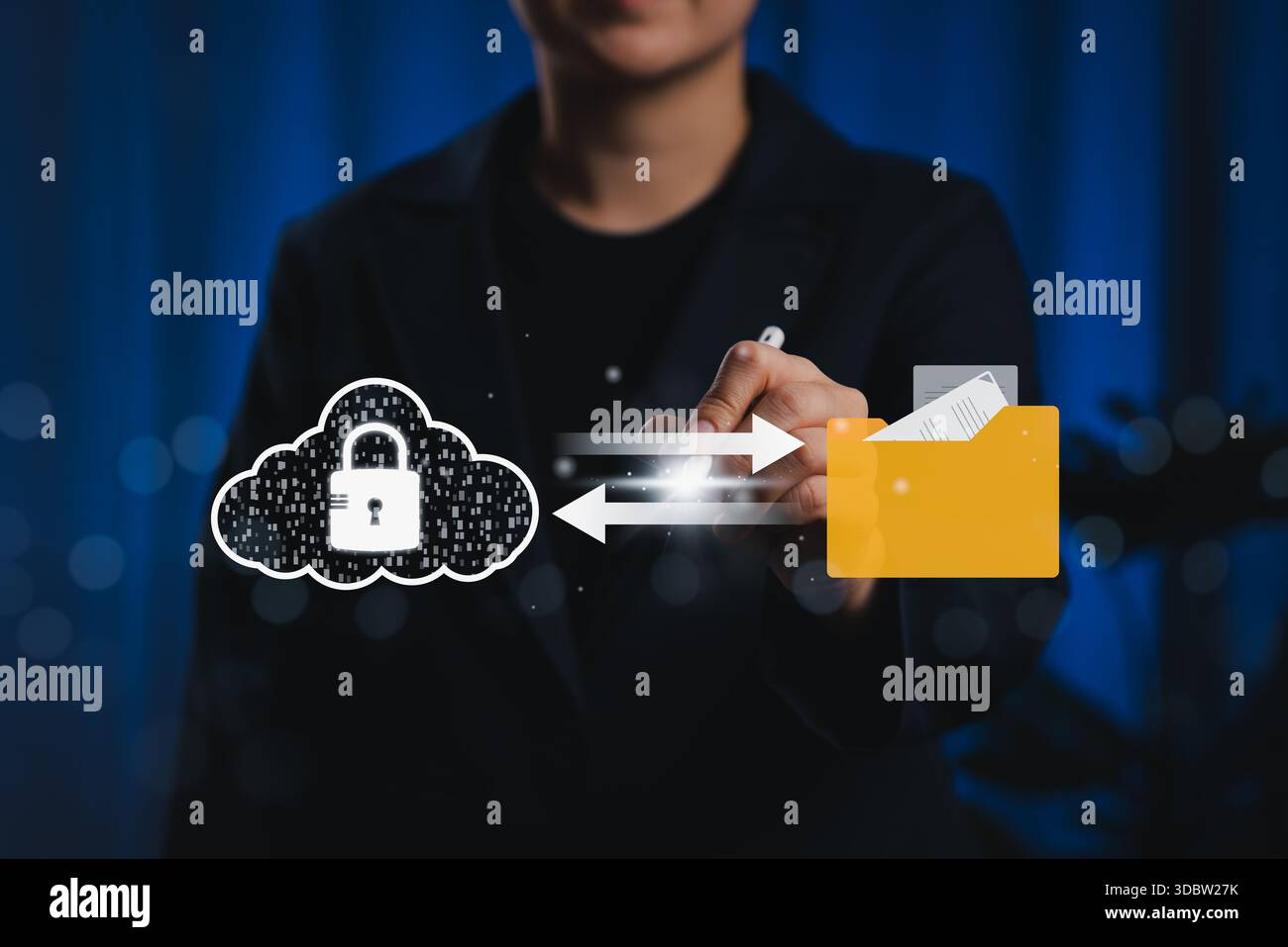 Cloud Security and Document Management System (DMS) Concept. Person using cloud storage and secure folder icons, document system, cloud data transfer, Stock Photo