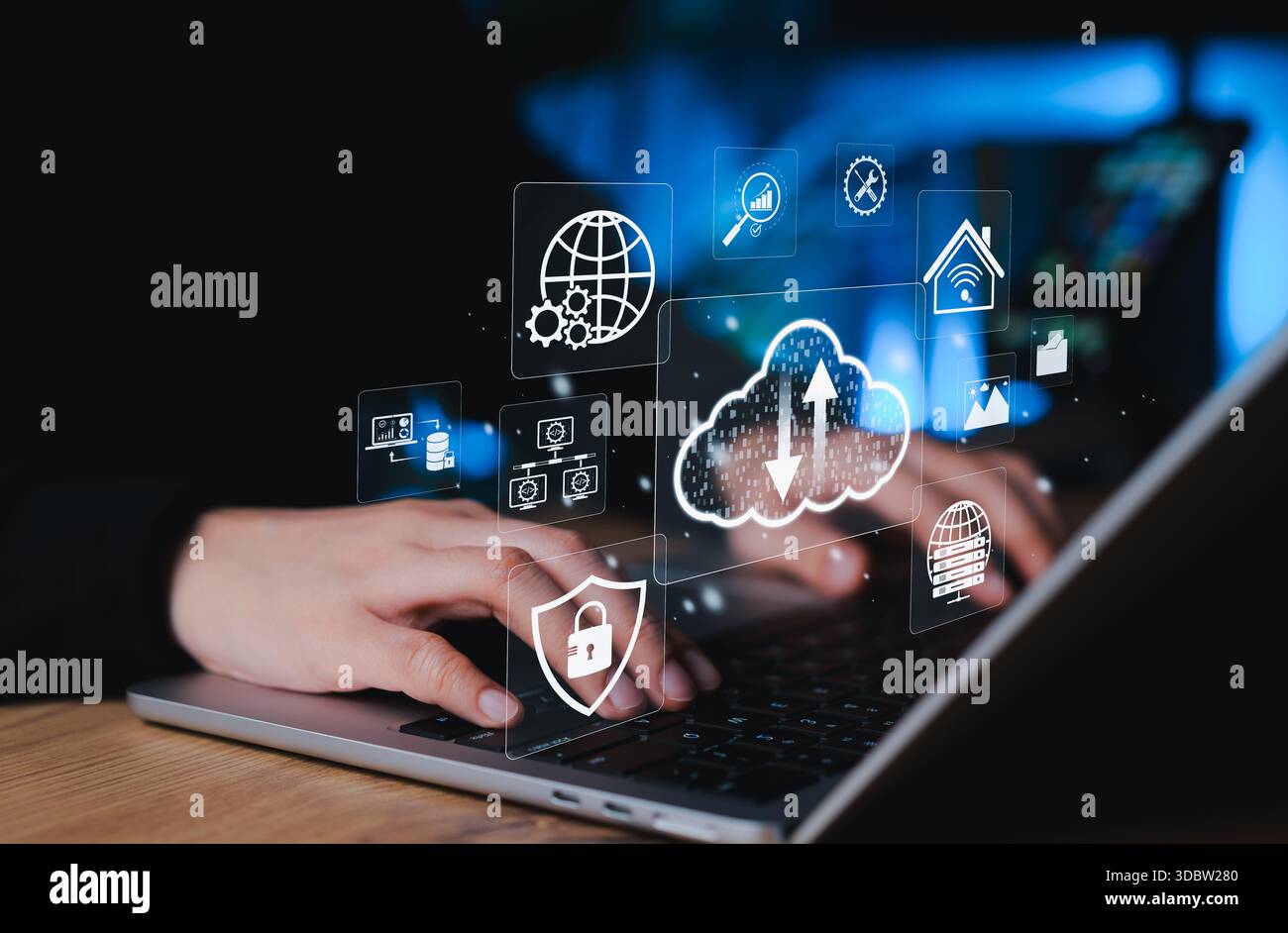 Cloud Computing and Data Security Technology Concept. Laptop with icons of cloud storage, security shield, database, IoT, and global connectivity, Stock Photo