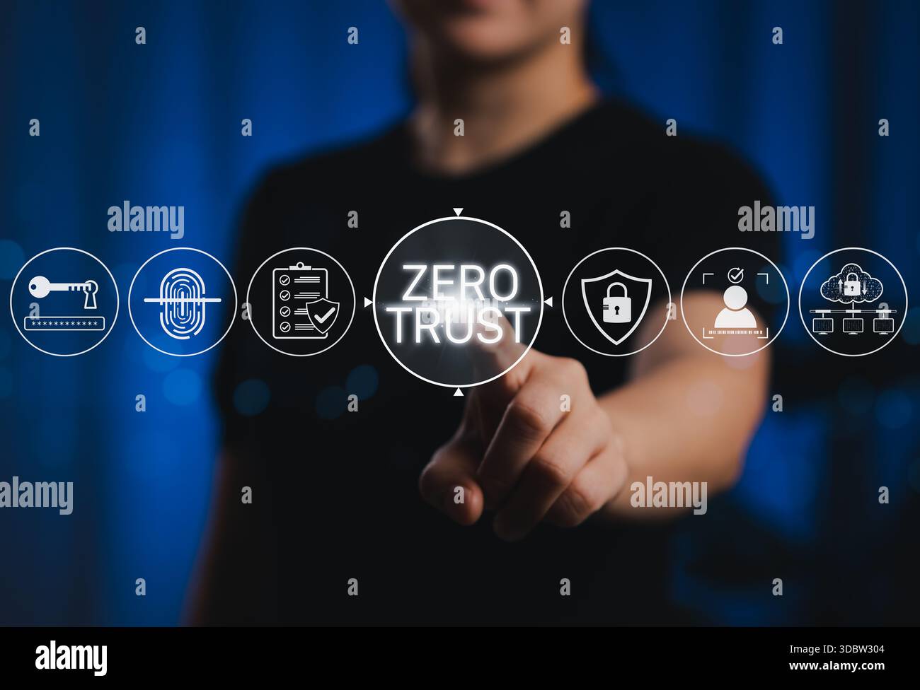 Zero Trust security concept with icons representing authentication, identity verification, and data protection, emphasizing cybersecurity strategies Stock Photo