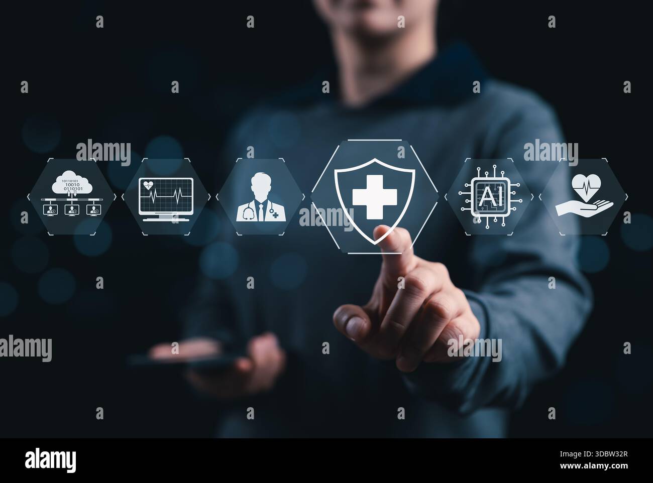 AI driven healthcare and medical technology concept. virtual interface AI-powered health care icons, symbolizing artificial intelligence in medical Stock Photo