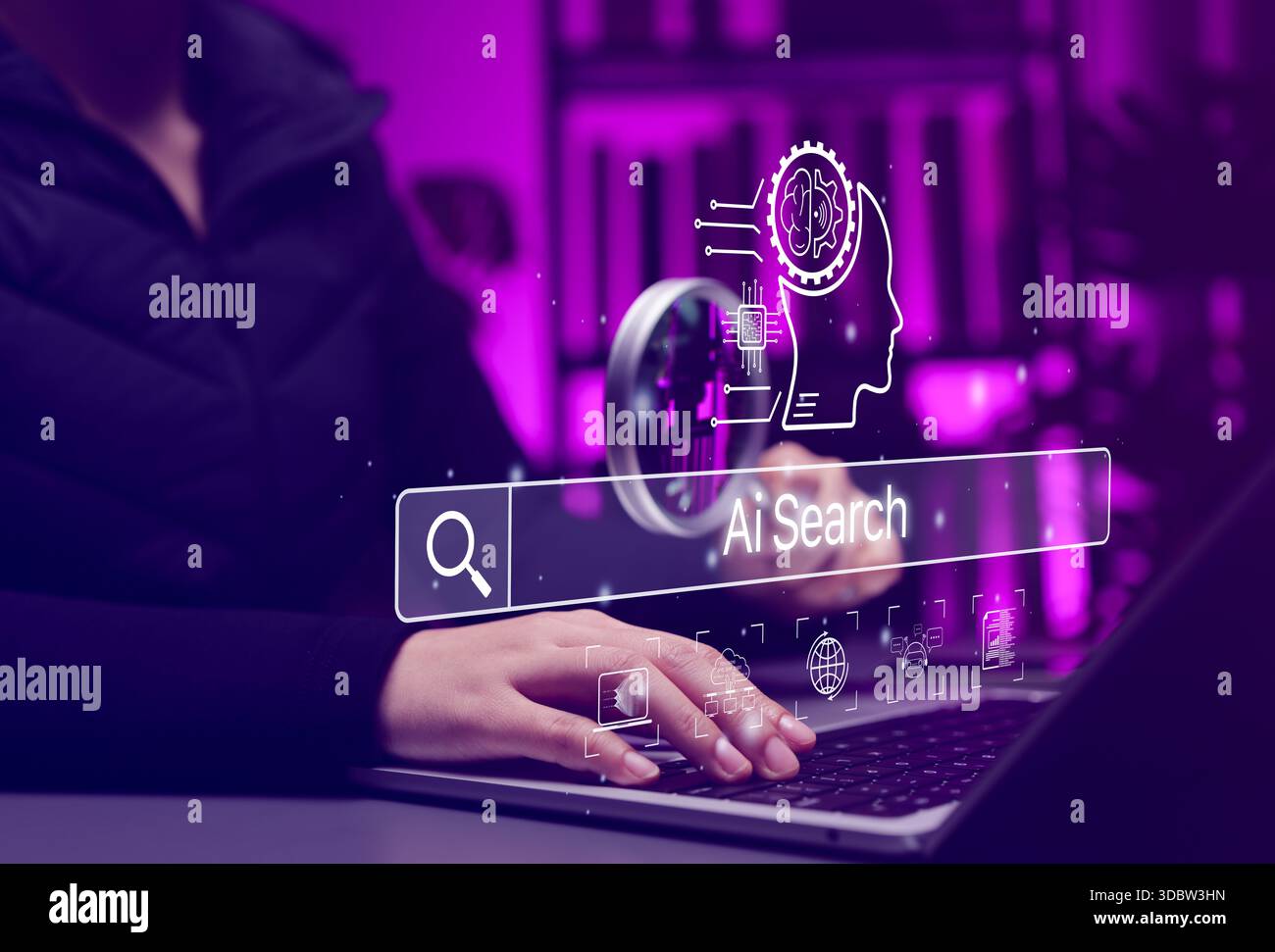 AI Search Engine Technology Concept. Person using laptop with AI search, artificial intelligence powered search engine, smart data discovery, Stock Photo