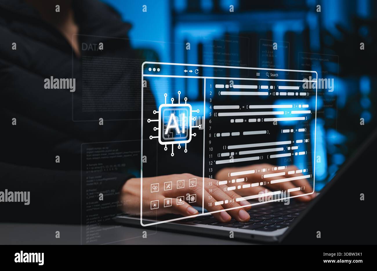 AI Coding Assistant and Software Development Concept. Programmer typing on laptop with interface show AI chip icon and code editor. Stock Photo