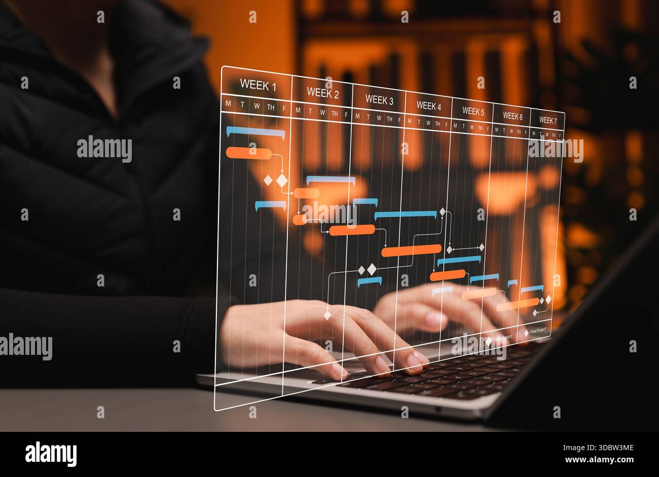 Project management and timeline planning concept. Woman using laptop with Gantt chart showing weekly task tracking, representing workflow organization Stock Photo