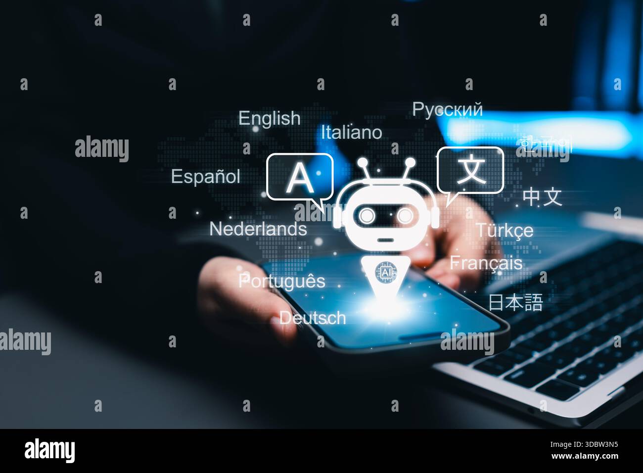 Hand holding smartphone with AI language translation chatbot, showing ...