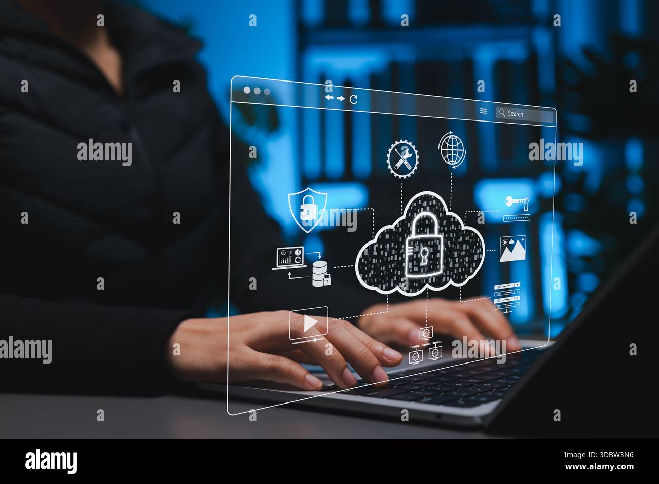 Cloud security and data protection concept. User using laptop with digital cloud computing interface, data secure, encrypted storage, cloud access, Stock Photo