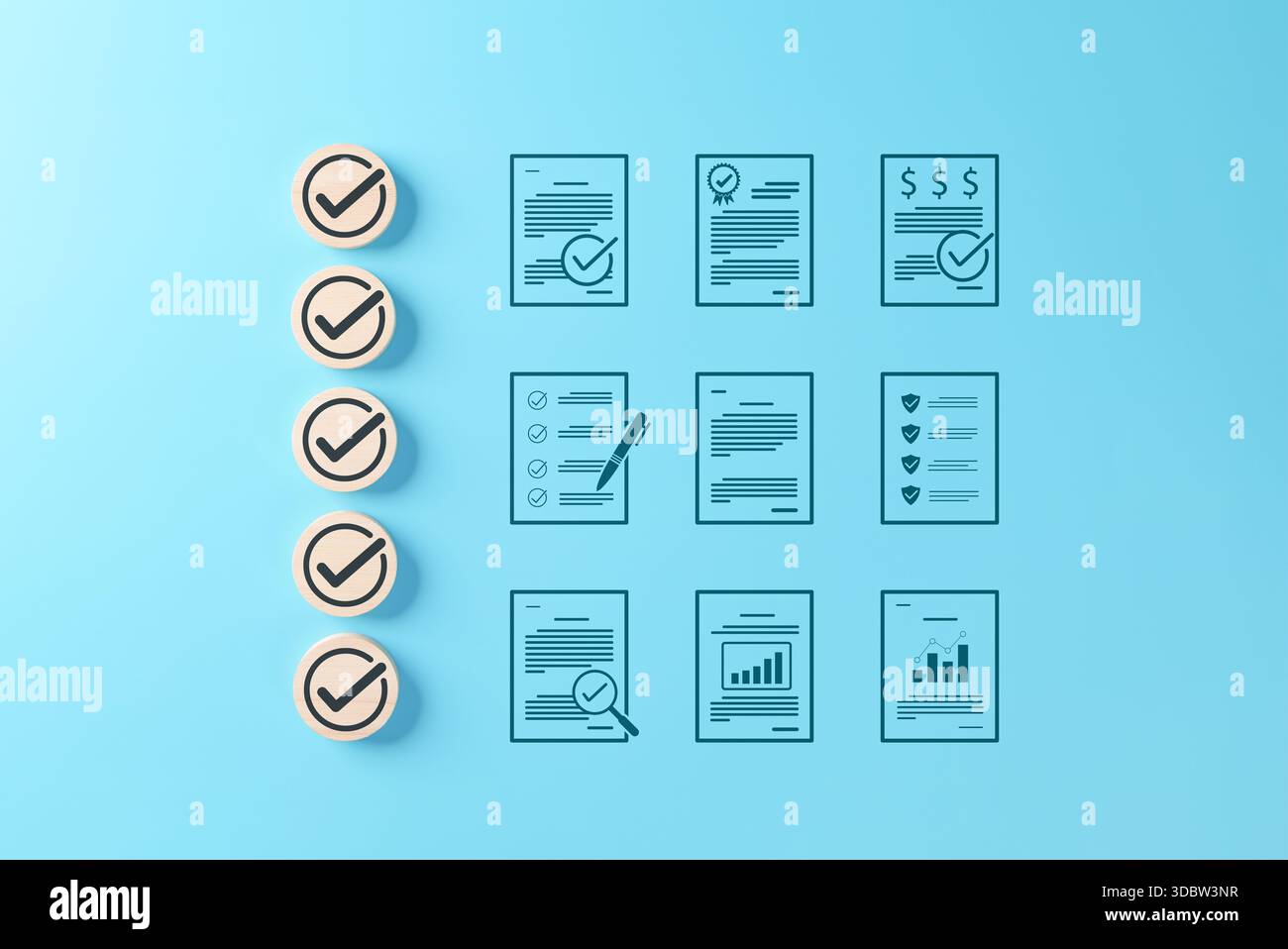 Business documentation and checklist concept. Icons of verified papers ...