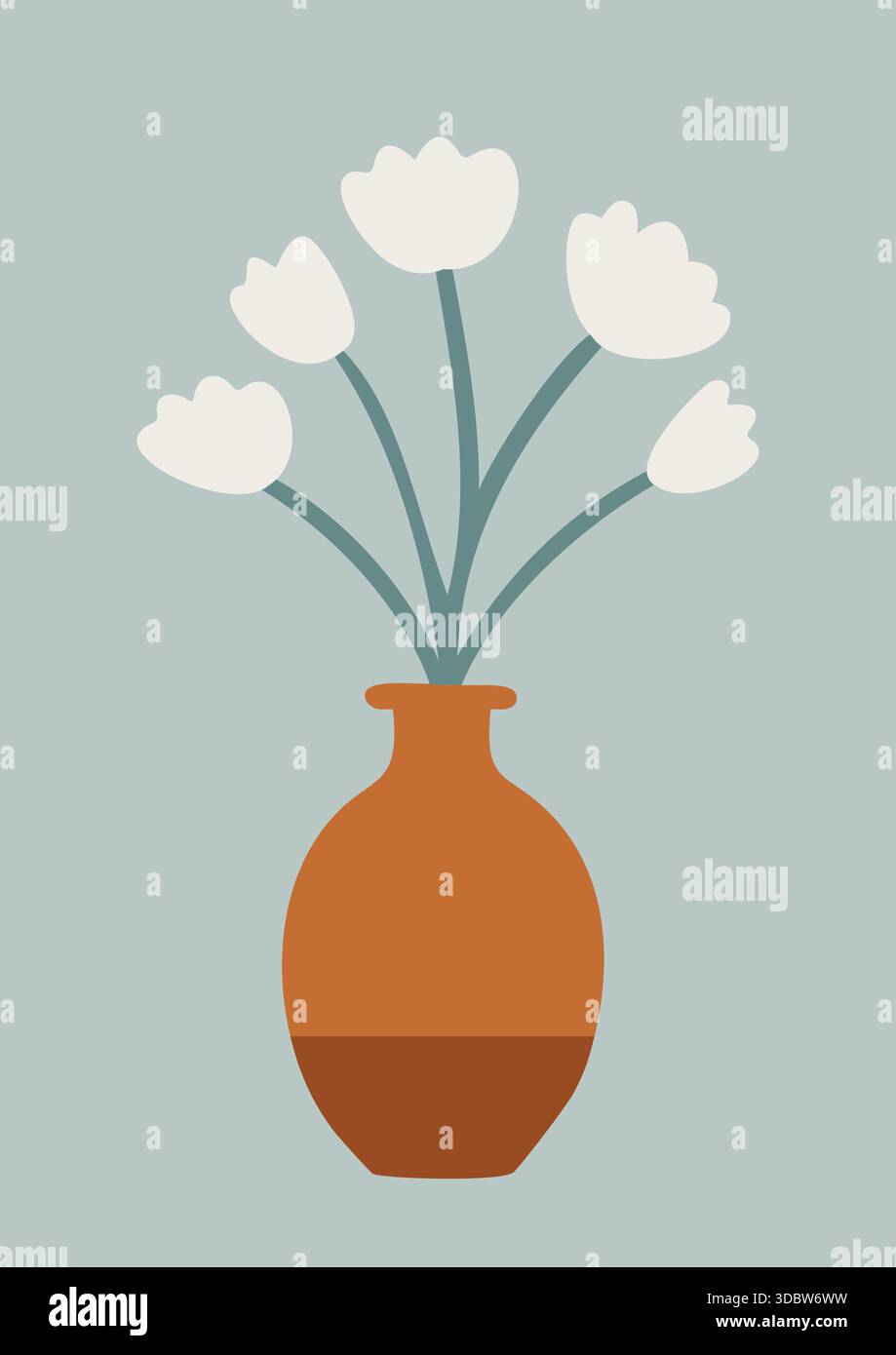 White Blooms in Terracotta Vase poster style vector illustration Stock ...