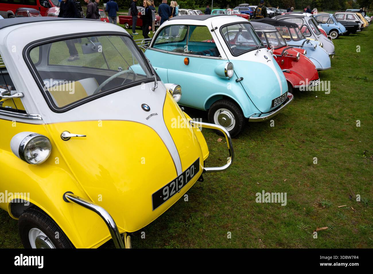 BMW Isetta microcars, also known as "bubble cars" on display at a car show. Stock Photo