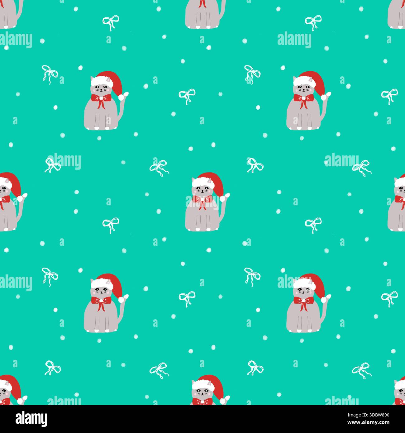 Seamless pattern with white bow and cat in red Santa hat, tender background Stock Photo