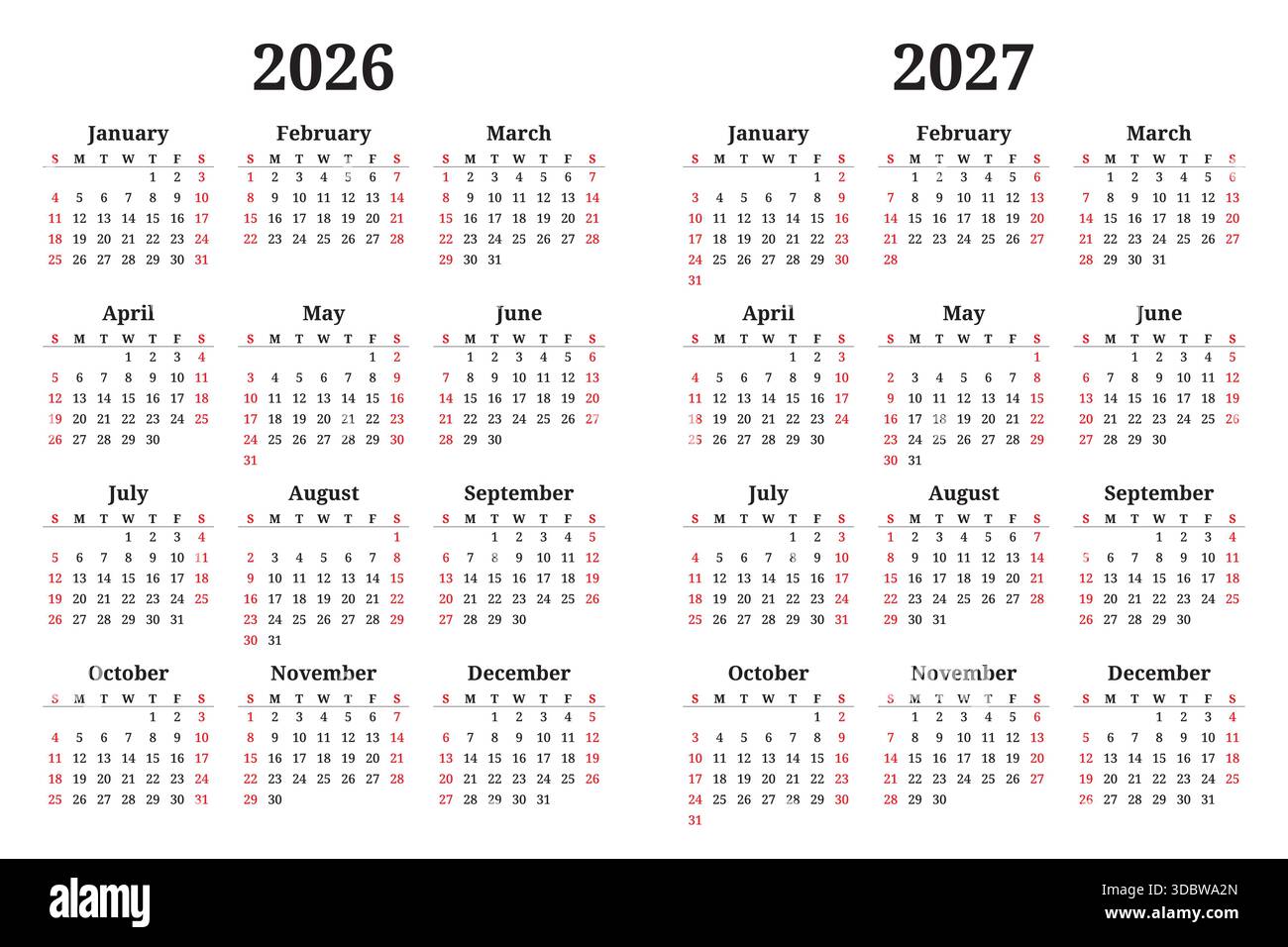 2026 and 2027 simple calendars. English vector year design with serif ...