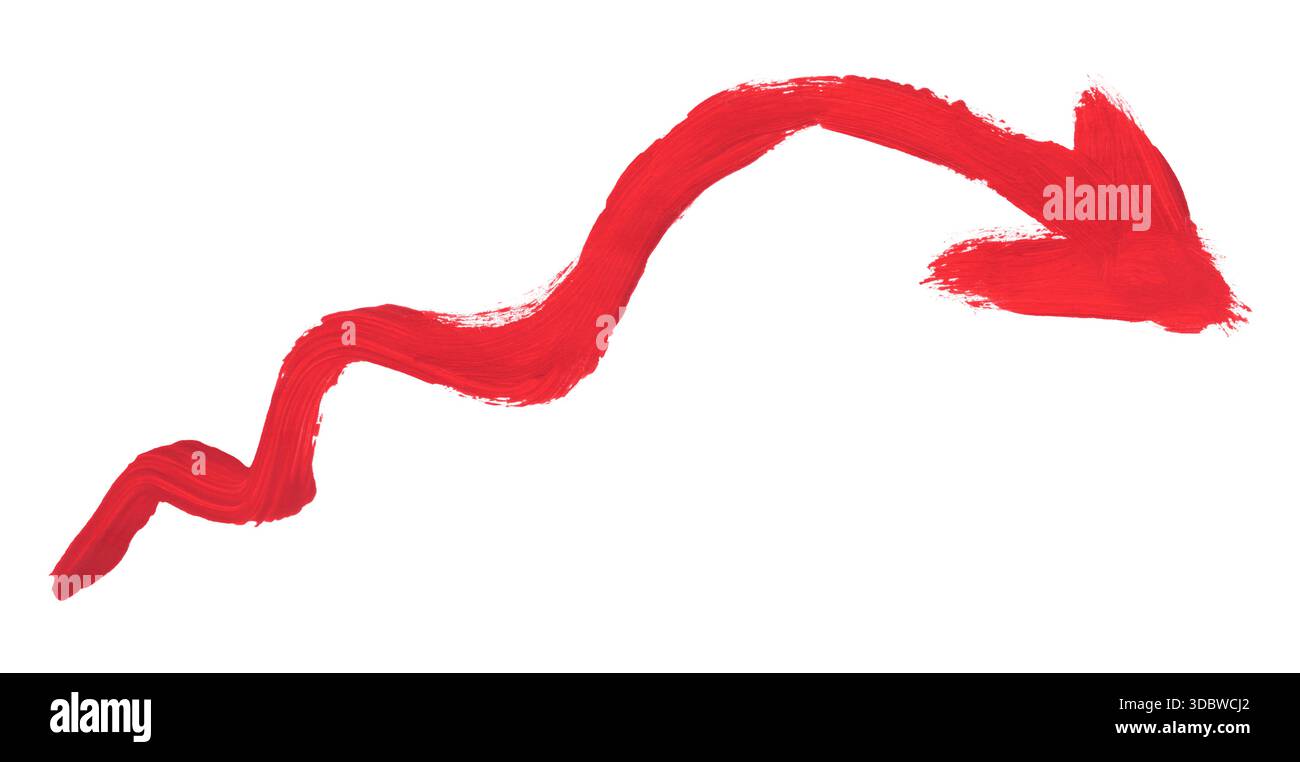 Hand-painted red curved arrow made with brush strokes, isolated on a ...