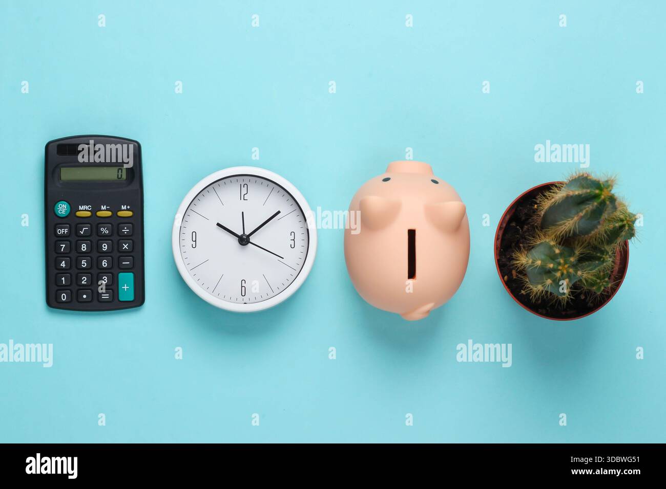 Time to invest. White clock and piggy bank, calculator, cactus on blue  background. Minimalistic studio shot. Top view Stock Photo - Alamy
