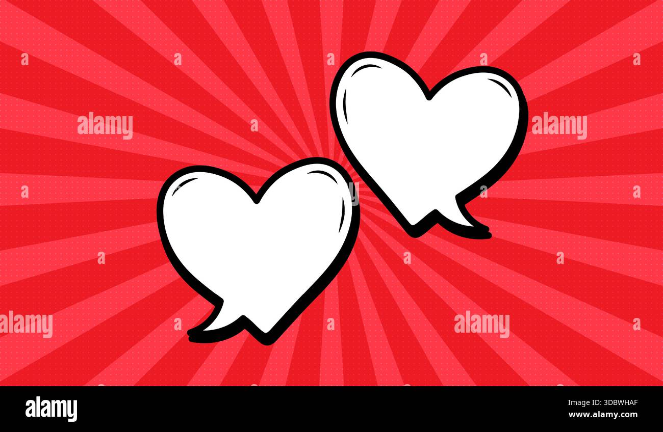 Two heart-shaped speech bubbles in retro comic style on a red background. Stock Vector