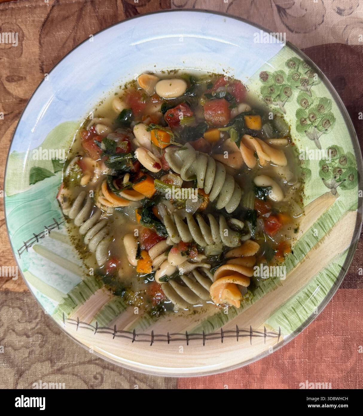 Looking down at a bowl of savory, homemade minestrone soup - Smartphone Captured Stock Image